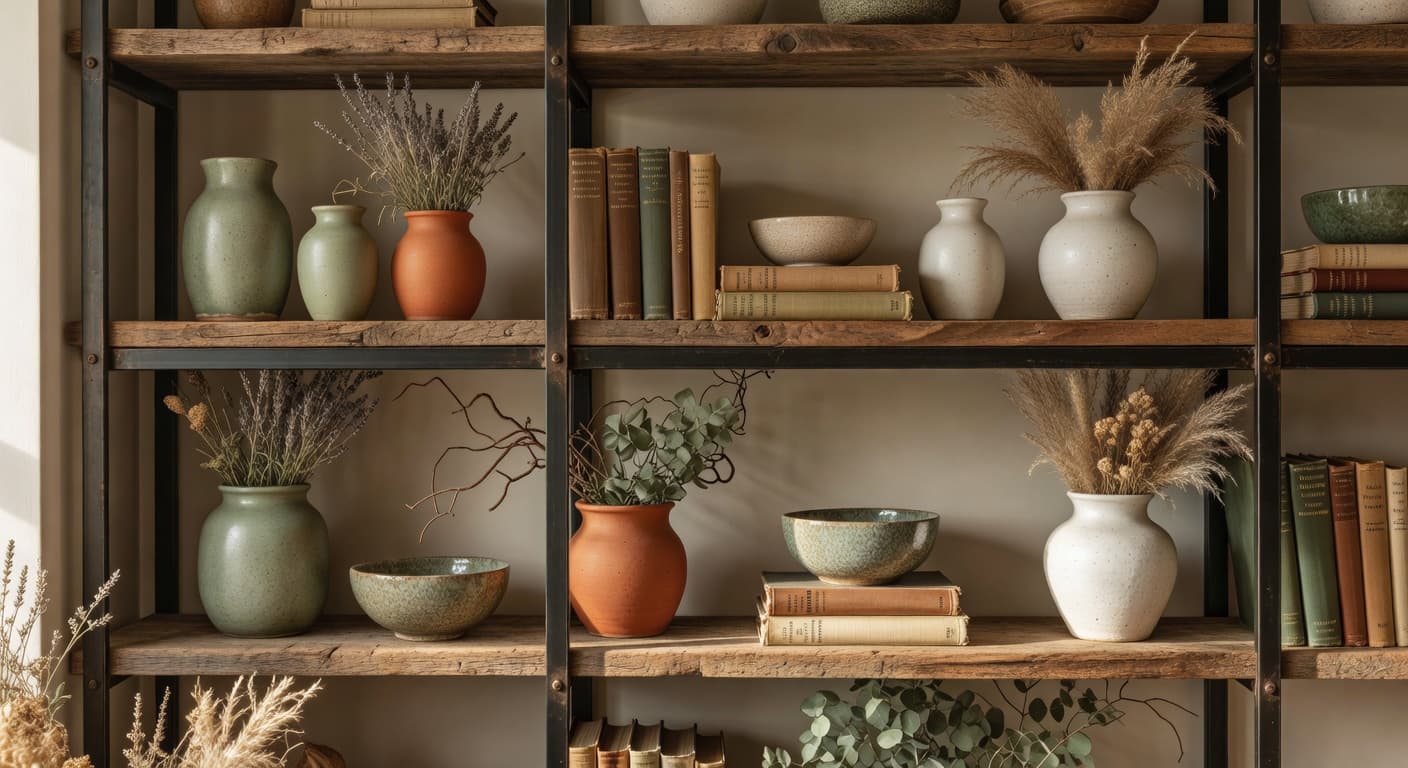 Curated bookshelf vignette with ceramic vases and stoneware bowls in earth tones