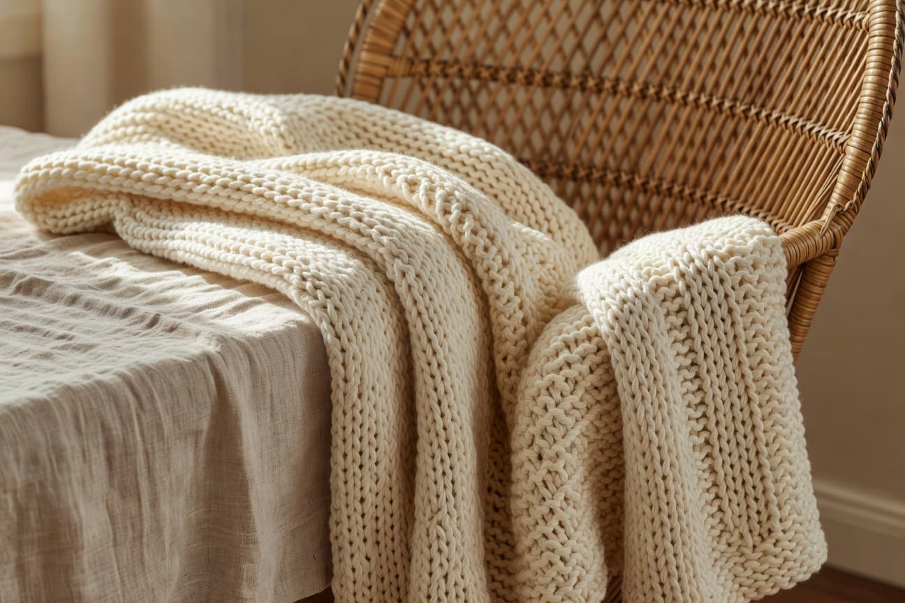 Layered natural textiles showcasing chunky knit blanket and linen runner in warm lighting