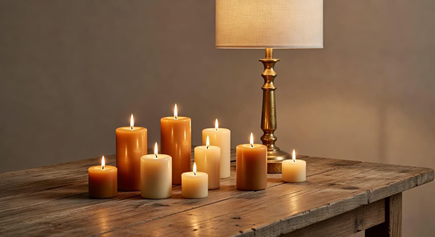 Ambient lighting arrangement with pillar candles and brass table lamp creating cozy atmosphere