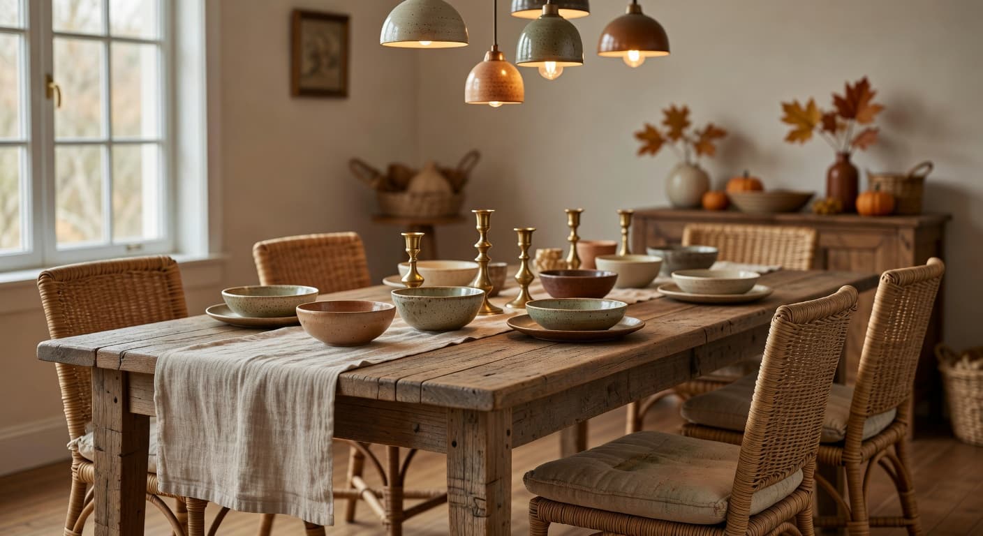 Fall dining room with reclaimed oak table and vintage rattan chairs