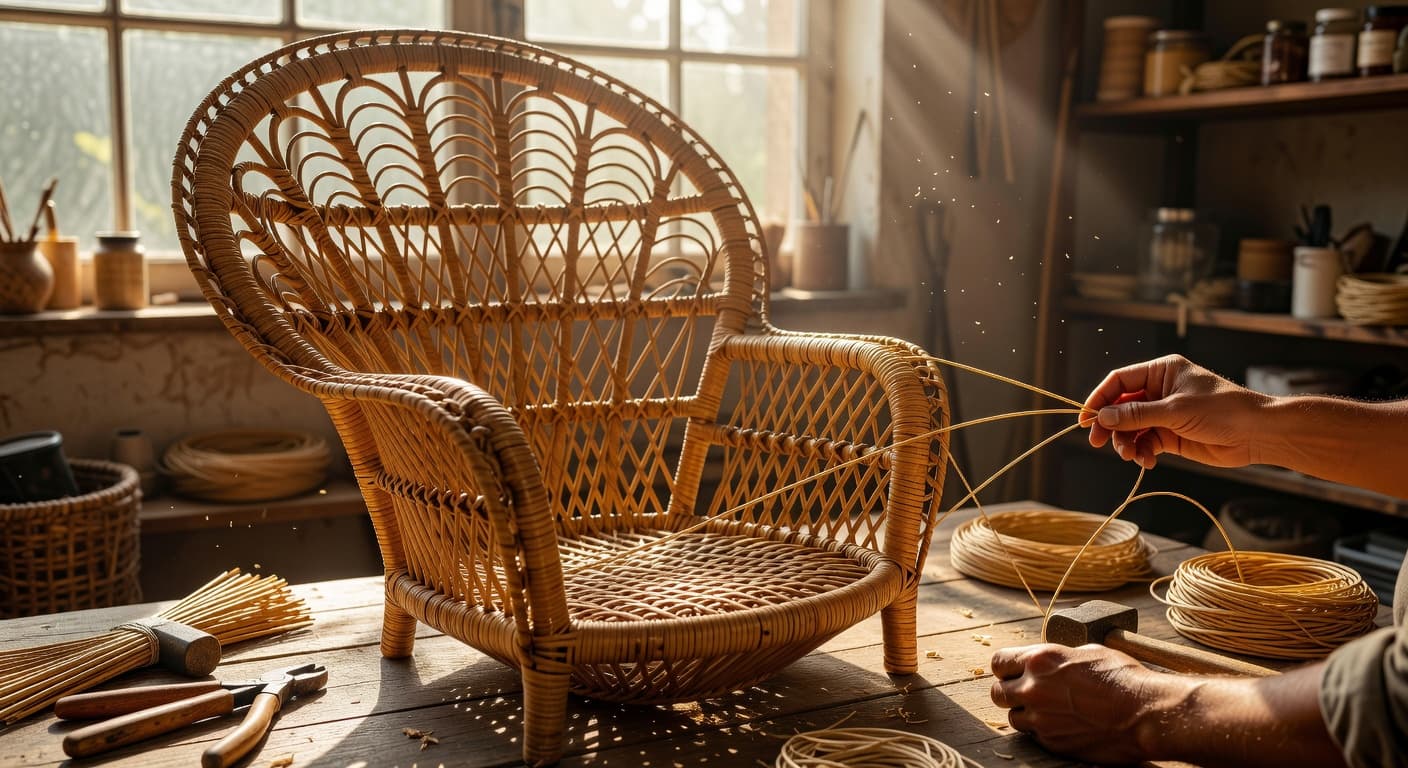 Vintage rattan chair being restored in a sunlit workshop