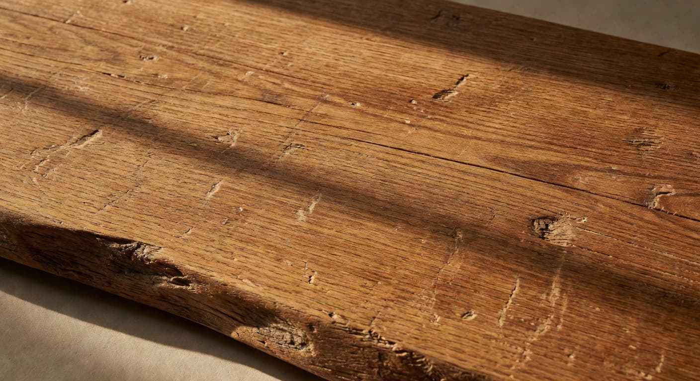 Close-up of reclaimed oak wood showing natural grain patterns and aged patina