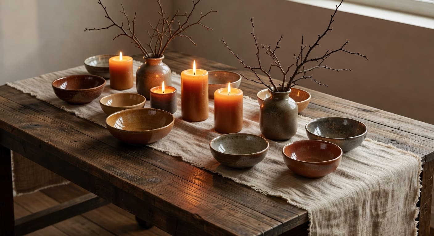 Elegant winter tablescape featuring natural linen runner with handmade stoneware bowls and ambient candlelight