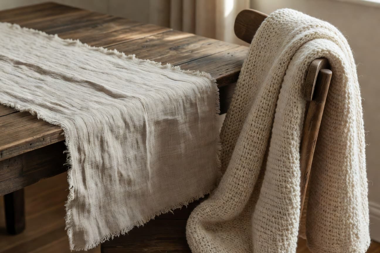 Natural linen table runner with frayed edges and chunky knit cotton blanket showing texture details