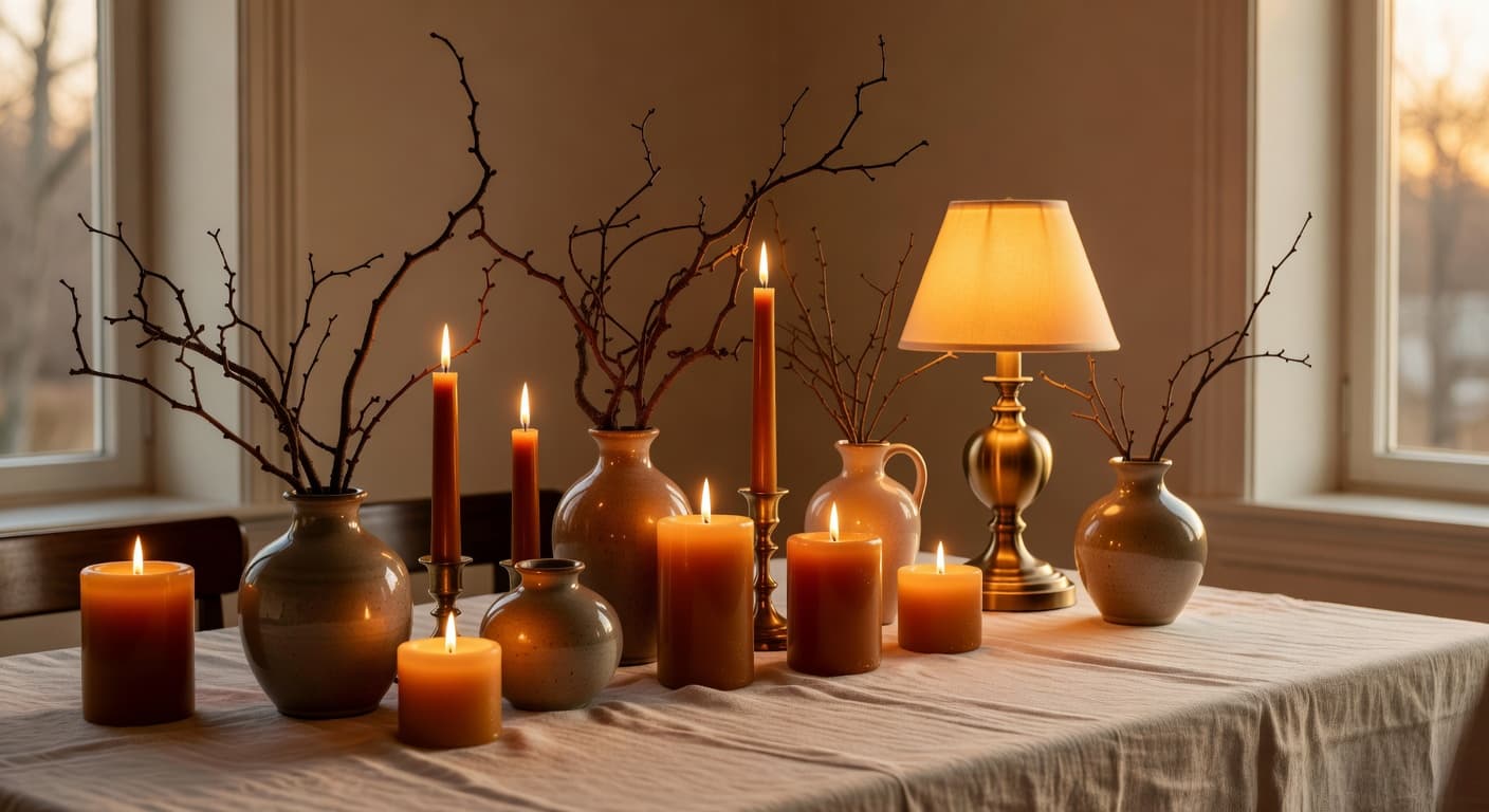Intimate Valentine's Day table setting with amber candles and ceramic vases creating romantic ambiance