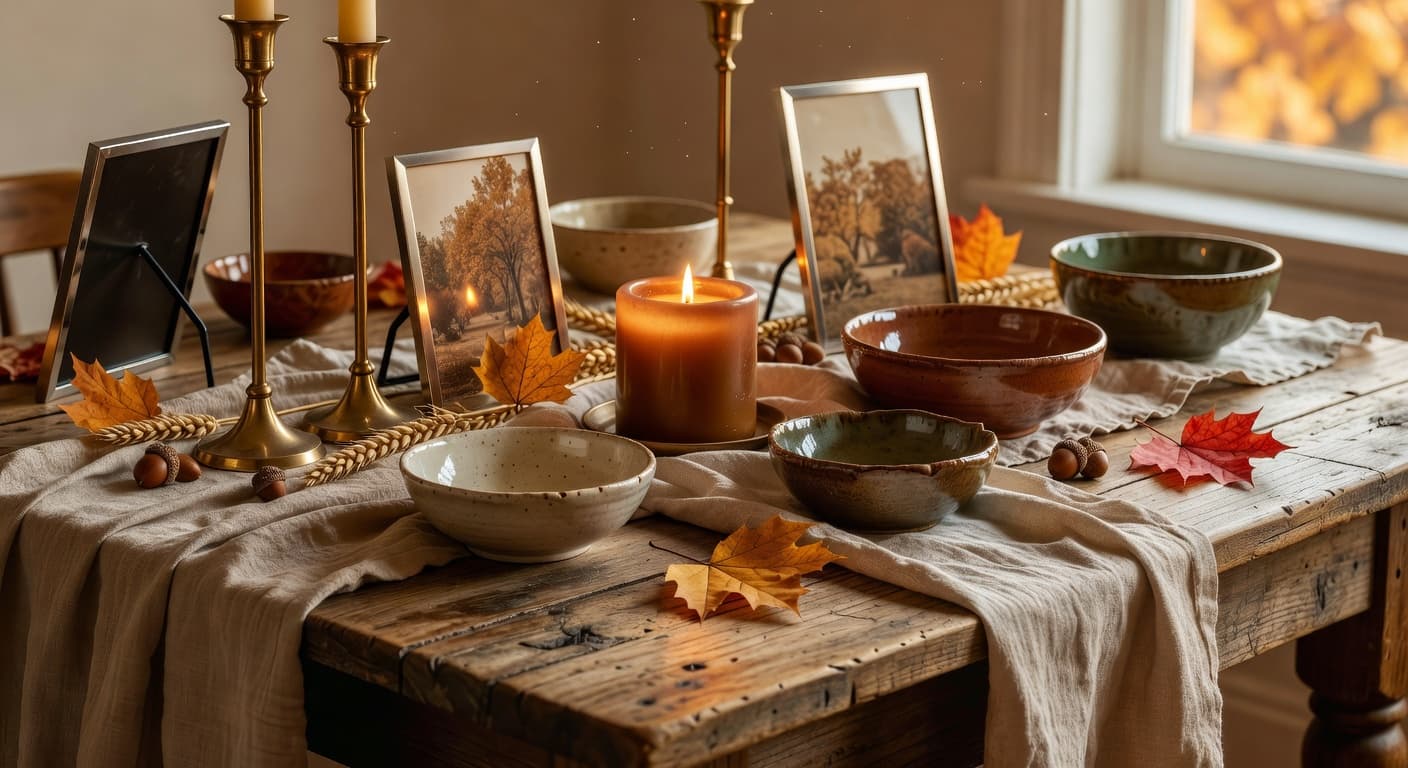 Autumn table styling showing harmonious combination of brass and steel elements