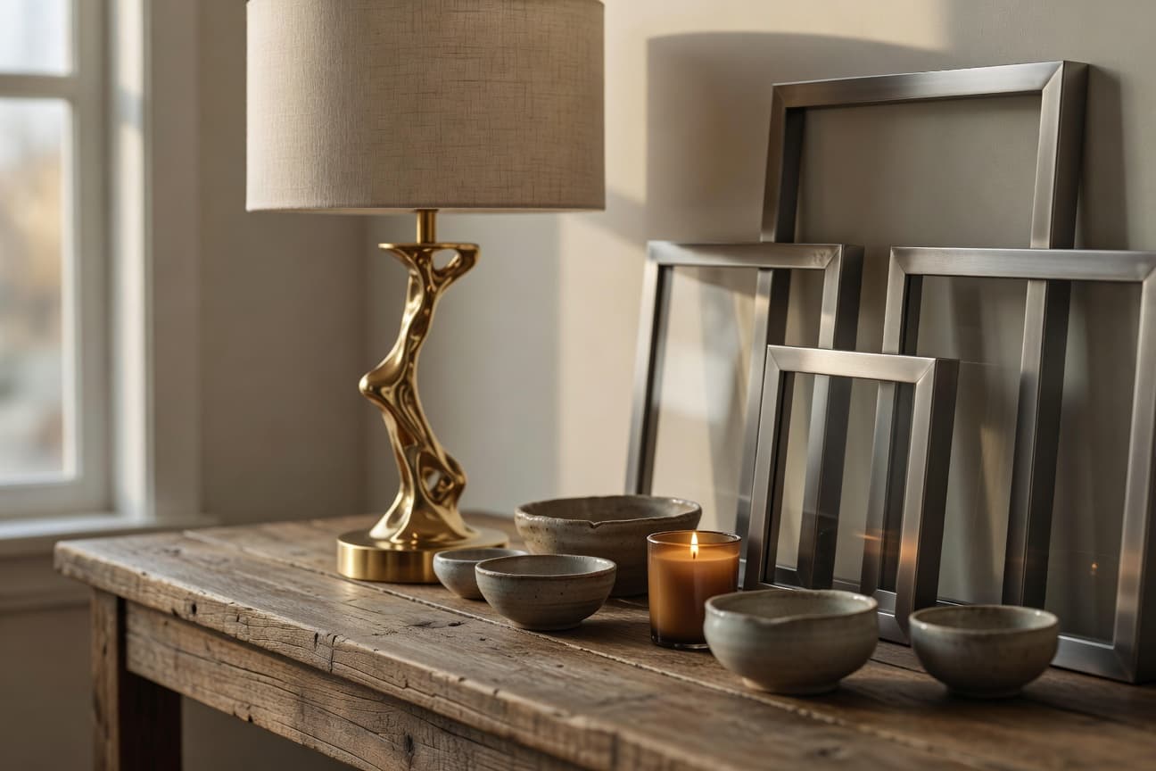 Brass table lamp and steel frames creating balanced mixed-metal styling on wooden console