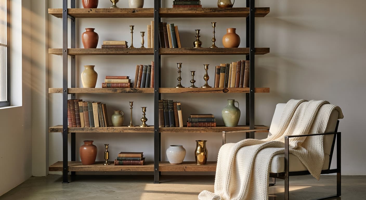 Industrial bookshelf with brass and ceramic accents demonstrating layered metal mixing