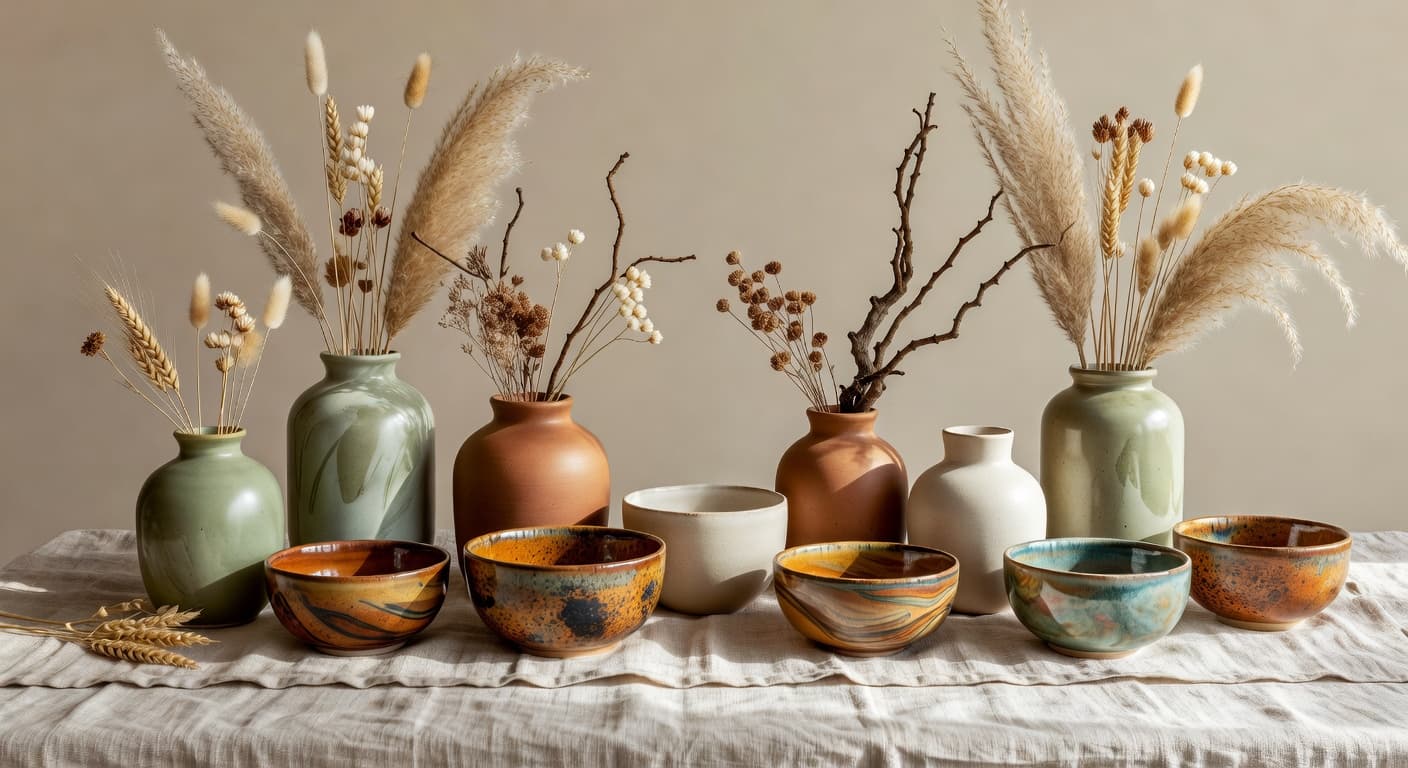 Collection of handmade ceramic vases and bowls in earth tones arranged on natural linen runner