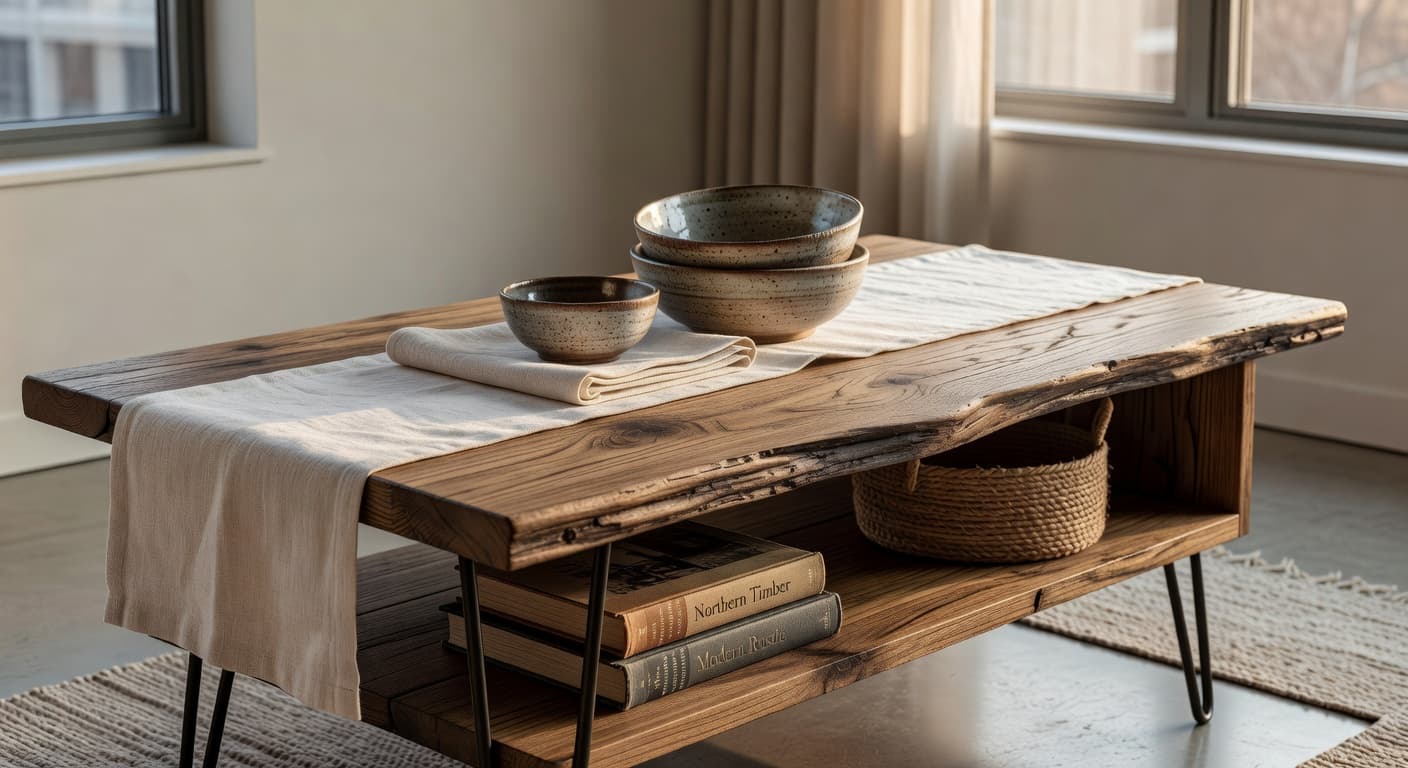 Reclaimed oak coffee table with live-edge styling and hidden storage potential in modern living space