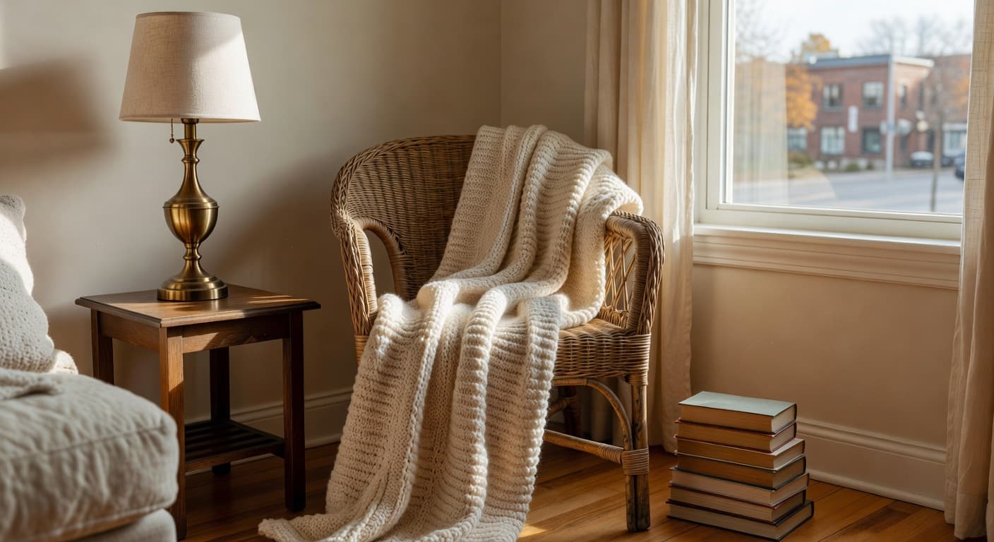 Vintage rattan accent chair with chunky knit blanket in cozy Canadian apartment reading nook
