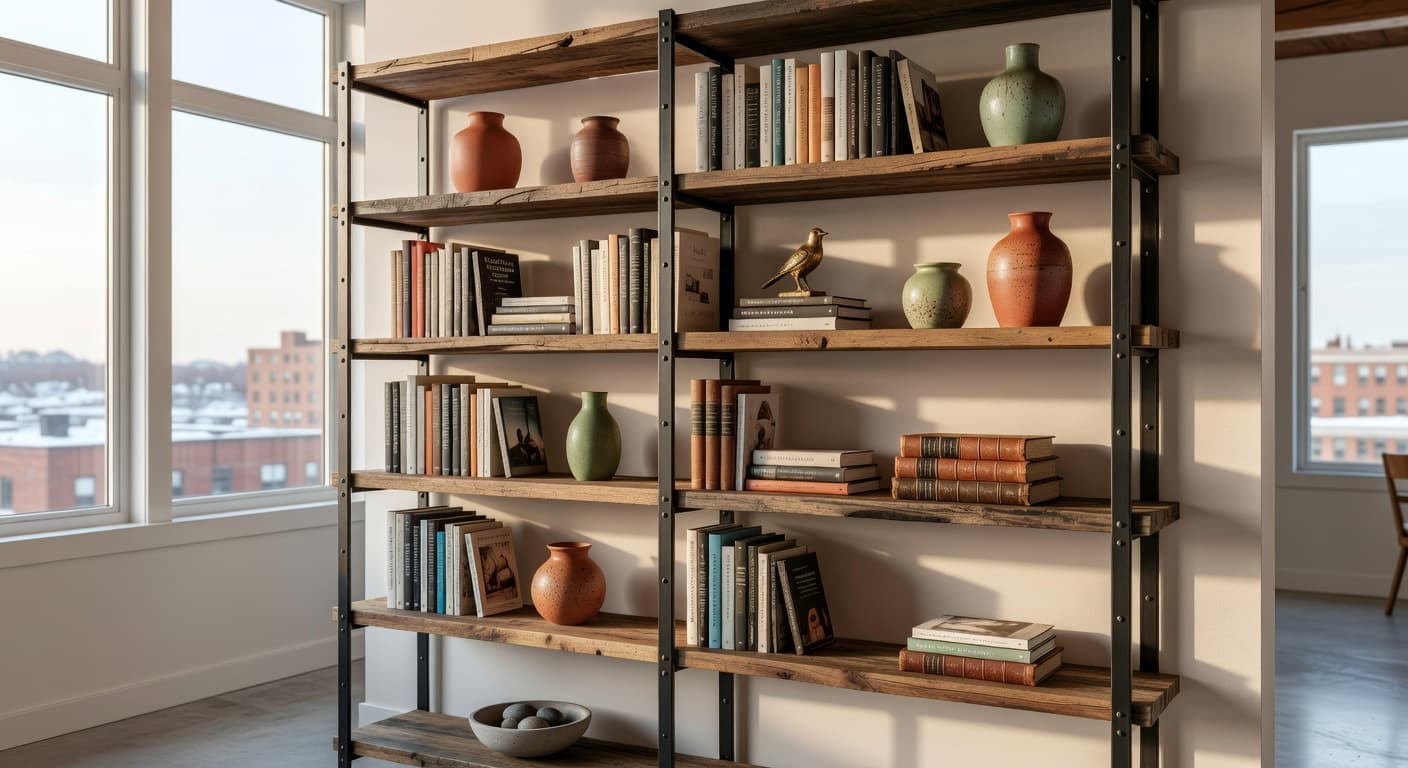 Industrial bookshelf with reclaimed wood and steel frame maximizing vertical storage in urban loft