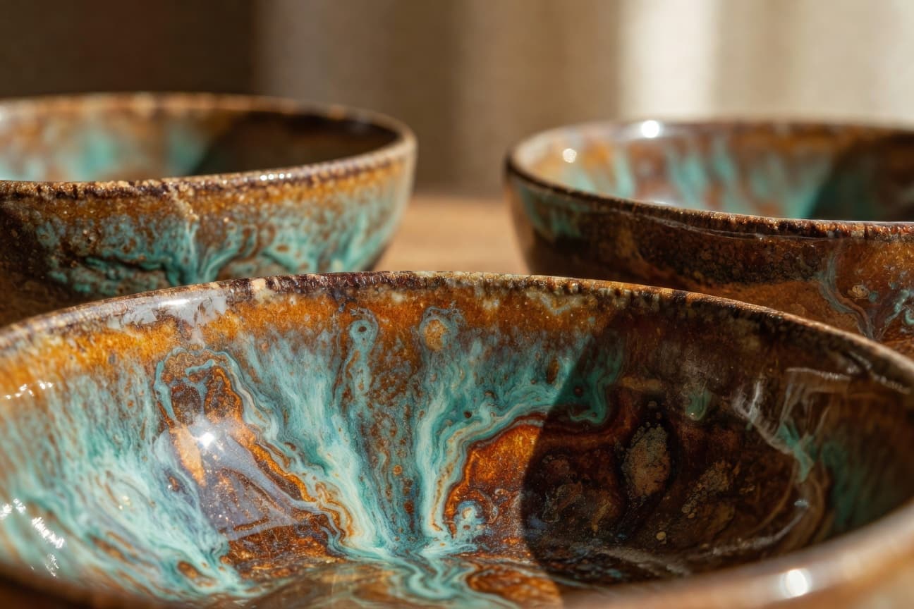 Close-up of handmade reactive-glazed stoneware bowls showing unique color variations and organic patterns