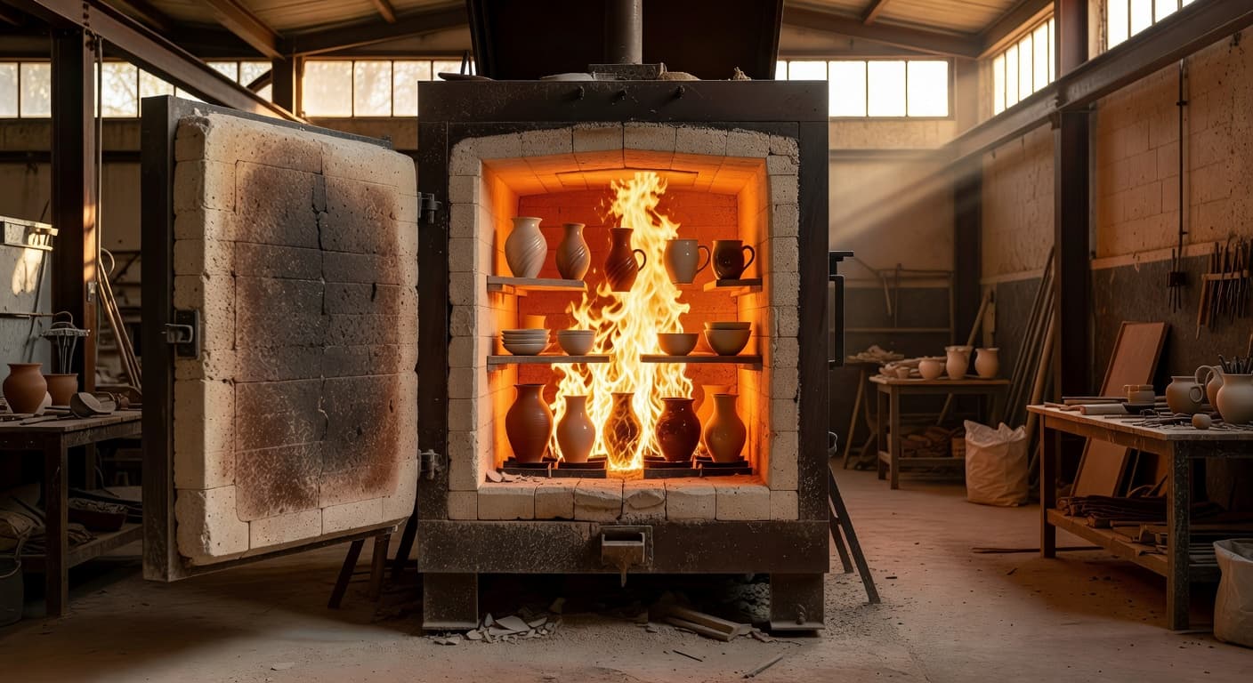 Ceramic kiln interior during firing showing glowing pottery pieces
