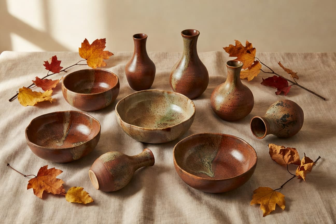 Styled collection of reactive-glazed ceramic bowls and vases in earth tones