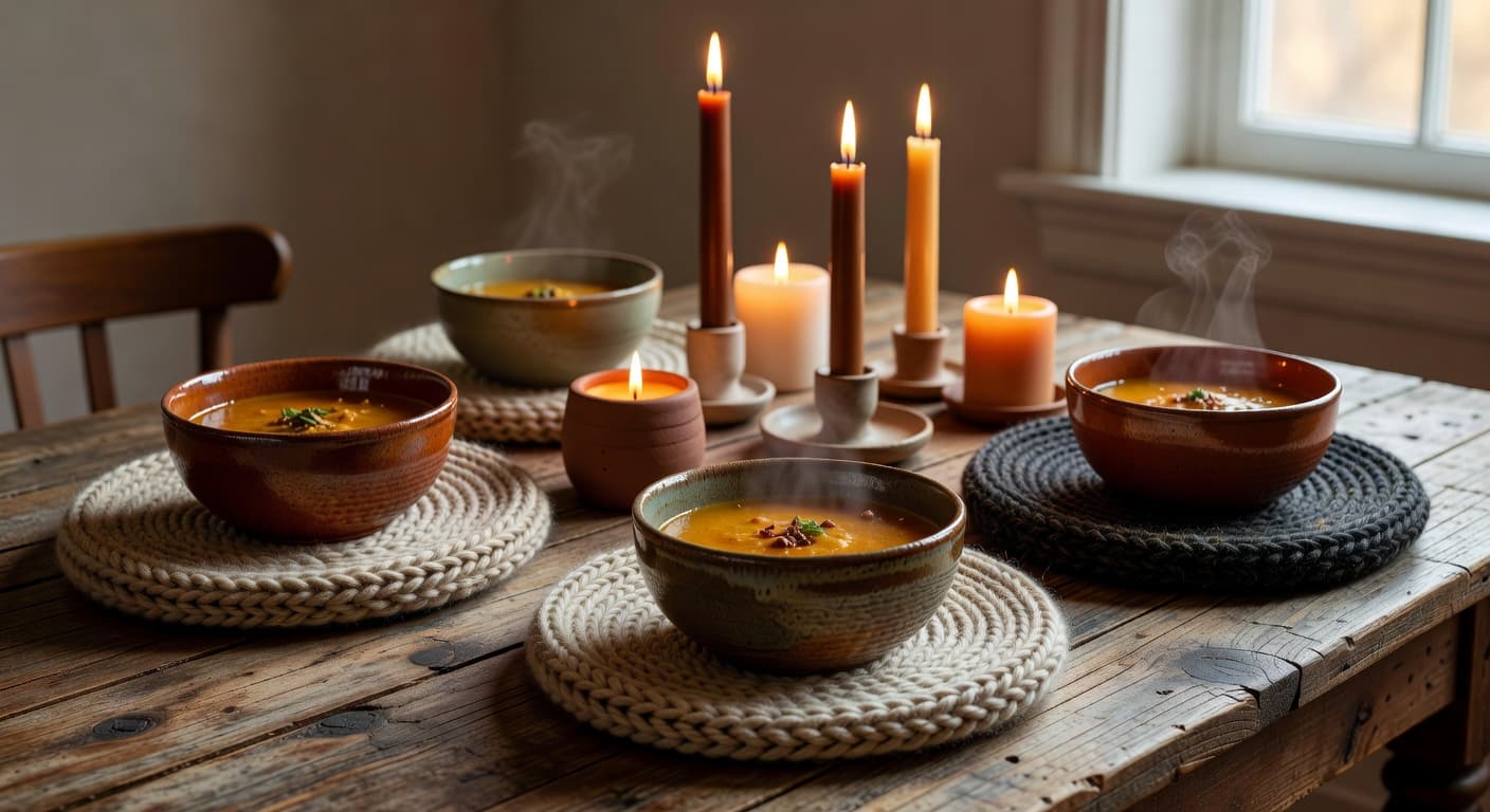 Autumn table setting with handmade ceramic bowls and seasonal decor