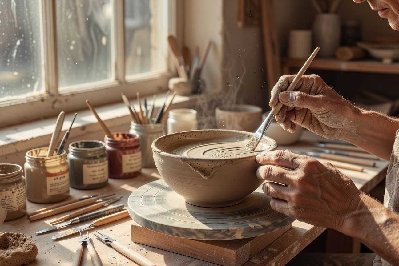 Potter applying reactive glaze to ceramic bowl in workshop setting