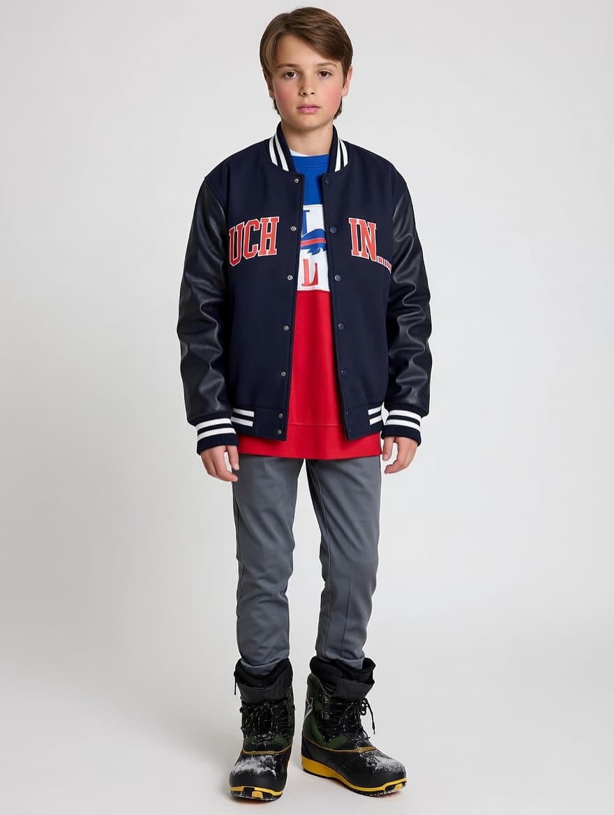 Navy Varsity Bomber Jacket with Faux Leather Sleeves - Kids