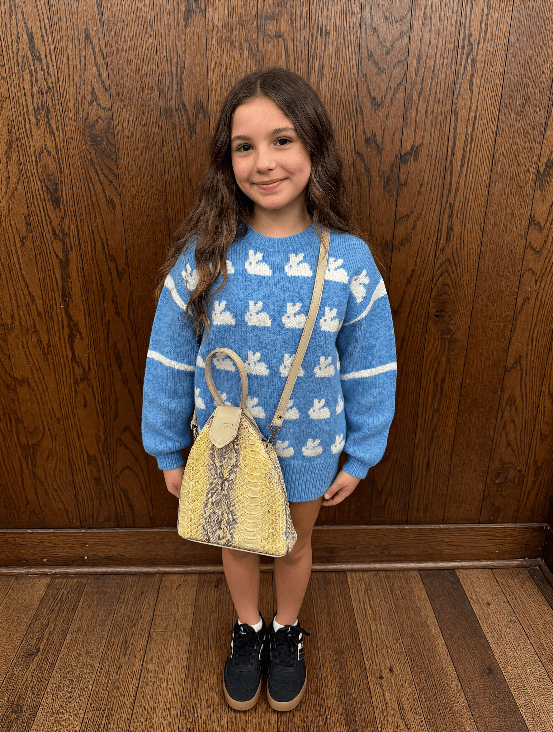 Blue Bunny Knit Sweater with Snakeskin Mini Bag