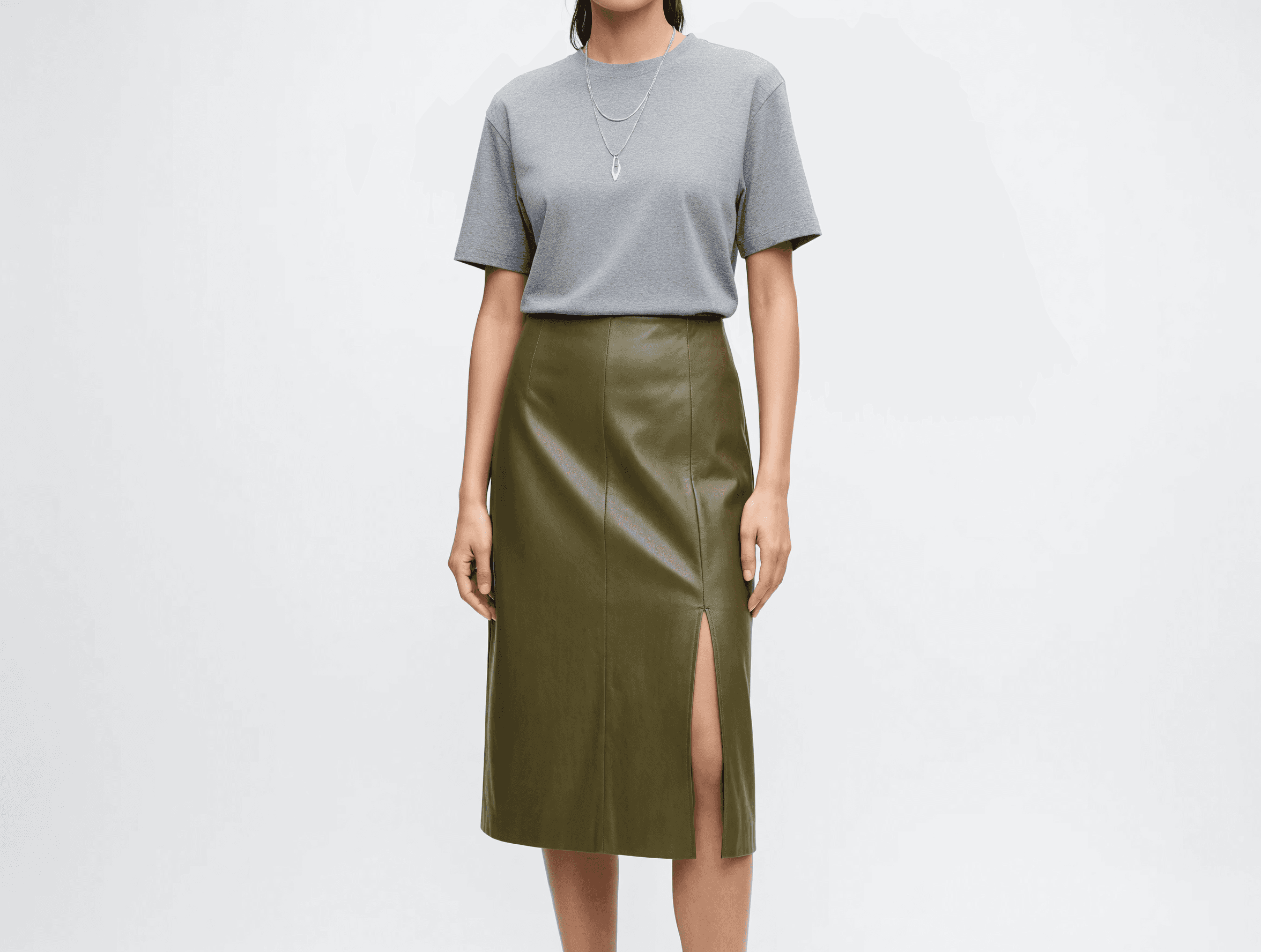 Olive Leather Midi Skirt with Slit